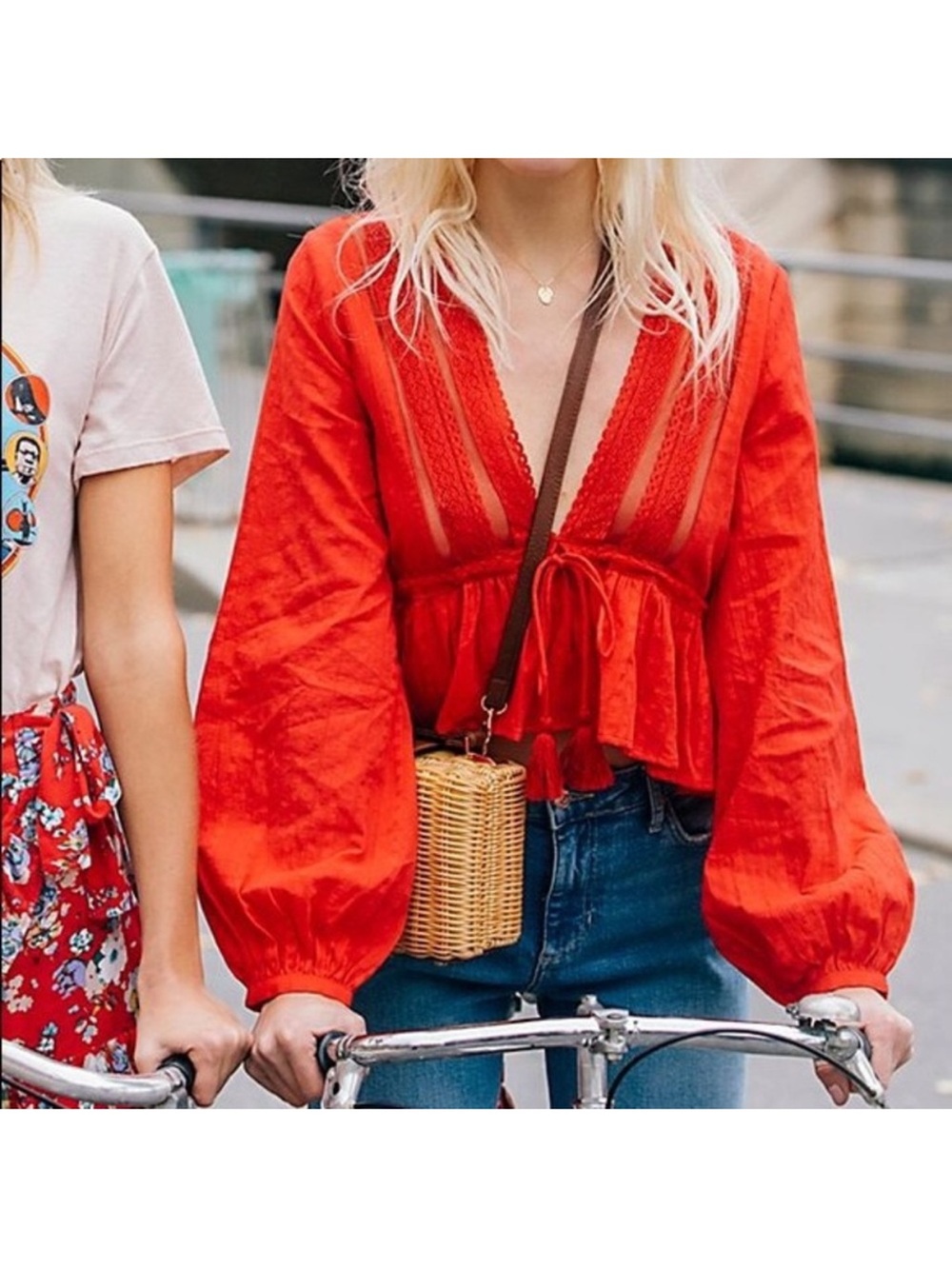 Free People Red V-Neck Peplum Tie-Front Blouse